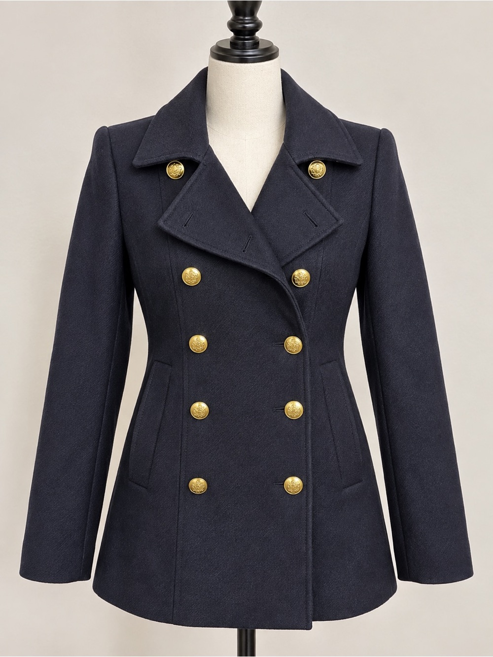 Zara Woman Wool Blend Double-Breasted Peacoat Navy Gold Buttons XS